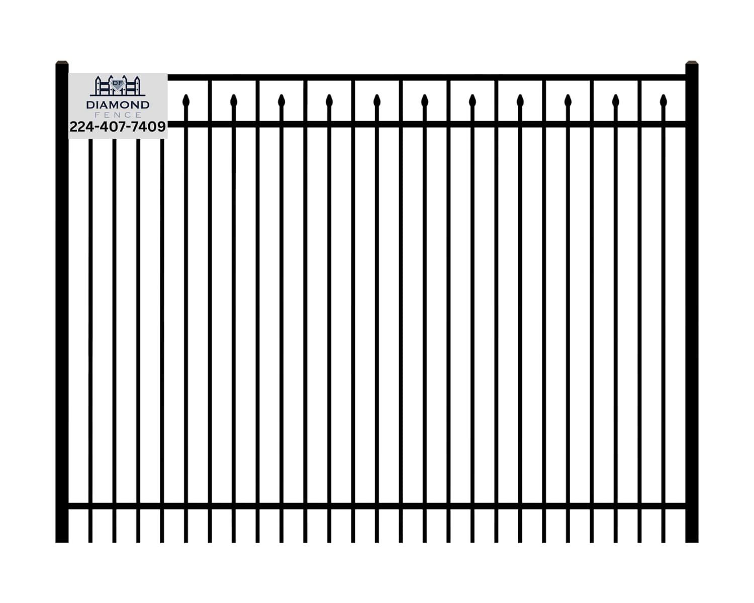 Full-height black aluminum security fence with vertical pickets and spear finials, featuring Diamond Fence logo and phone number (224-407-7409)