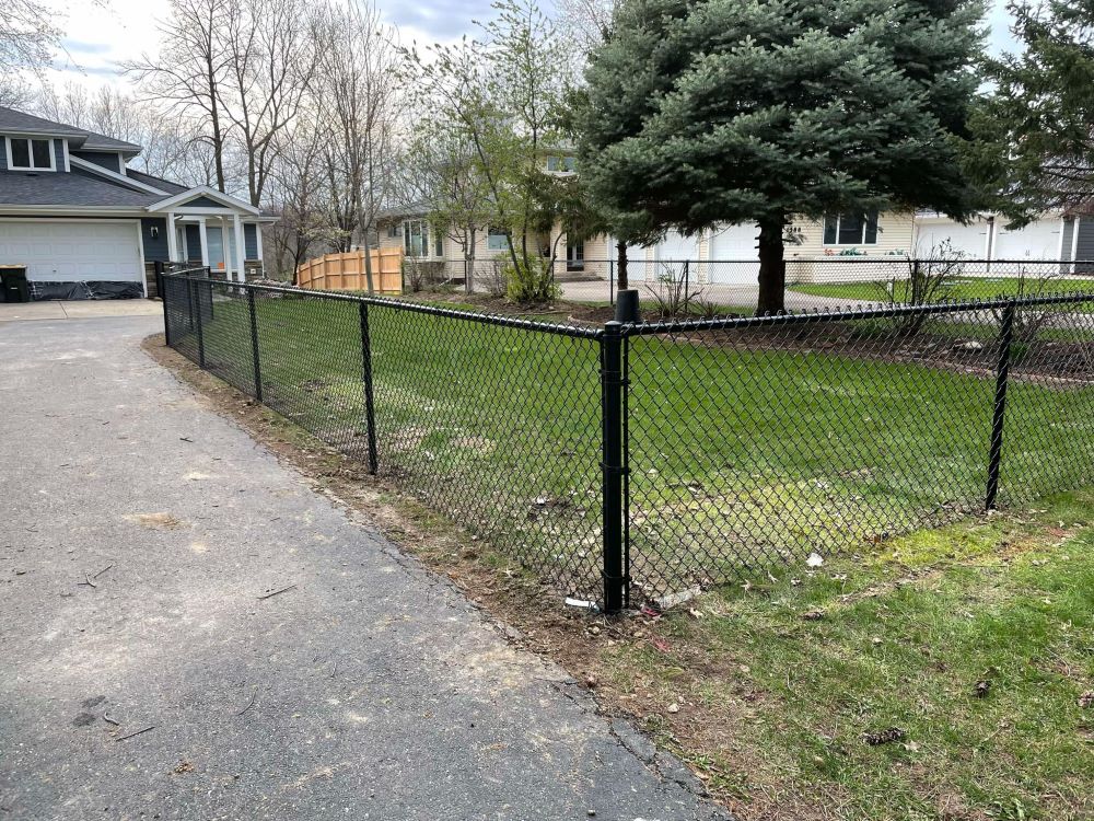 Durable black coated chain link fence bordering asphalt driveway and front lawn with mature evergreen tree — provides security and clean aesthetic for suburban homes; installed by Diamond Fence