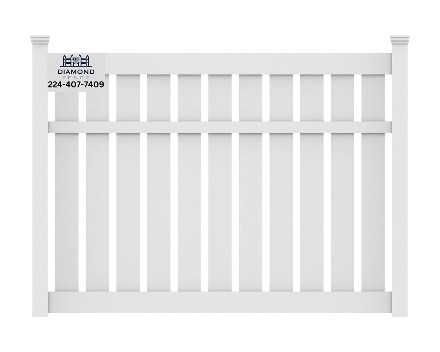 Clean white vinyl semi-privacy fence featuring vertical pickets with a central horizontal rail for visual break and partial visibility — ideal for front yards or pool areas; includes Diamond Fence logo and phone (224-407-7409)