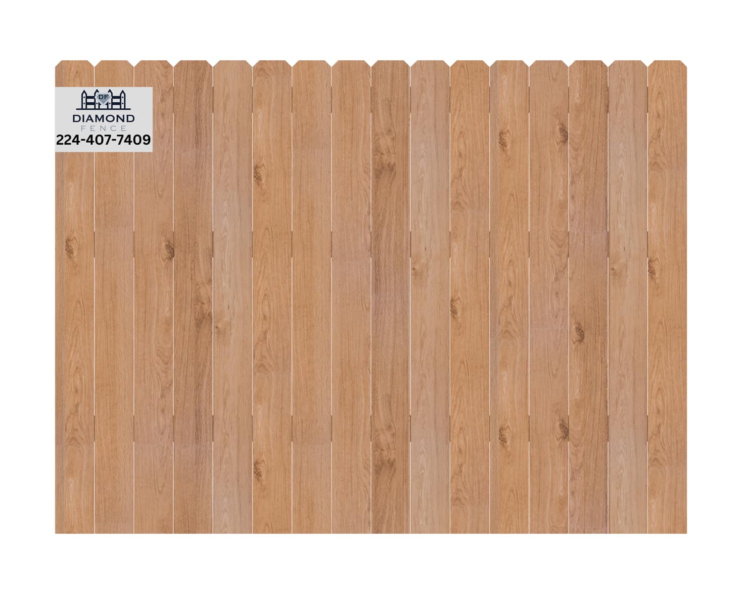 Natural wood picket fence with dog-eared tops and uniform spacing — perfect for front yards, gardens, or pet containment; branded with Diamond Fence contact information