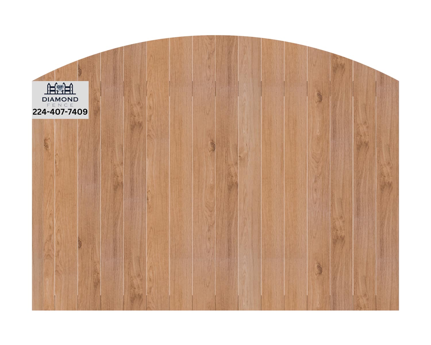 Full-height solid wood privacy fence with elegant arched top profile — seamless vertical boards offer maximum seclusion and refined curb appeal; includes Diamond Fence logo and phone (224-407-7409)