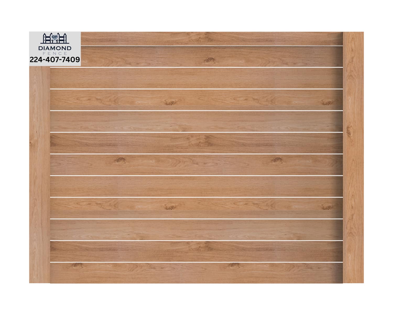 Full-height solid wood privacy fence with gently curved top edge — provides complete seclusion while adding architectural flair; features Diamond Fence branding