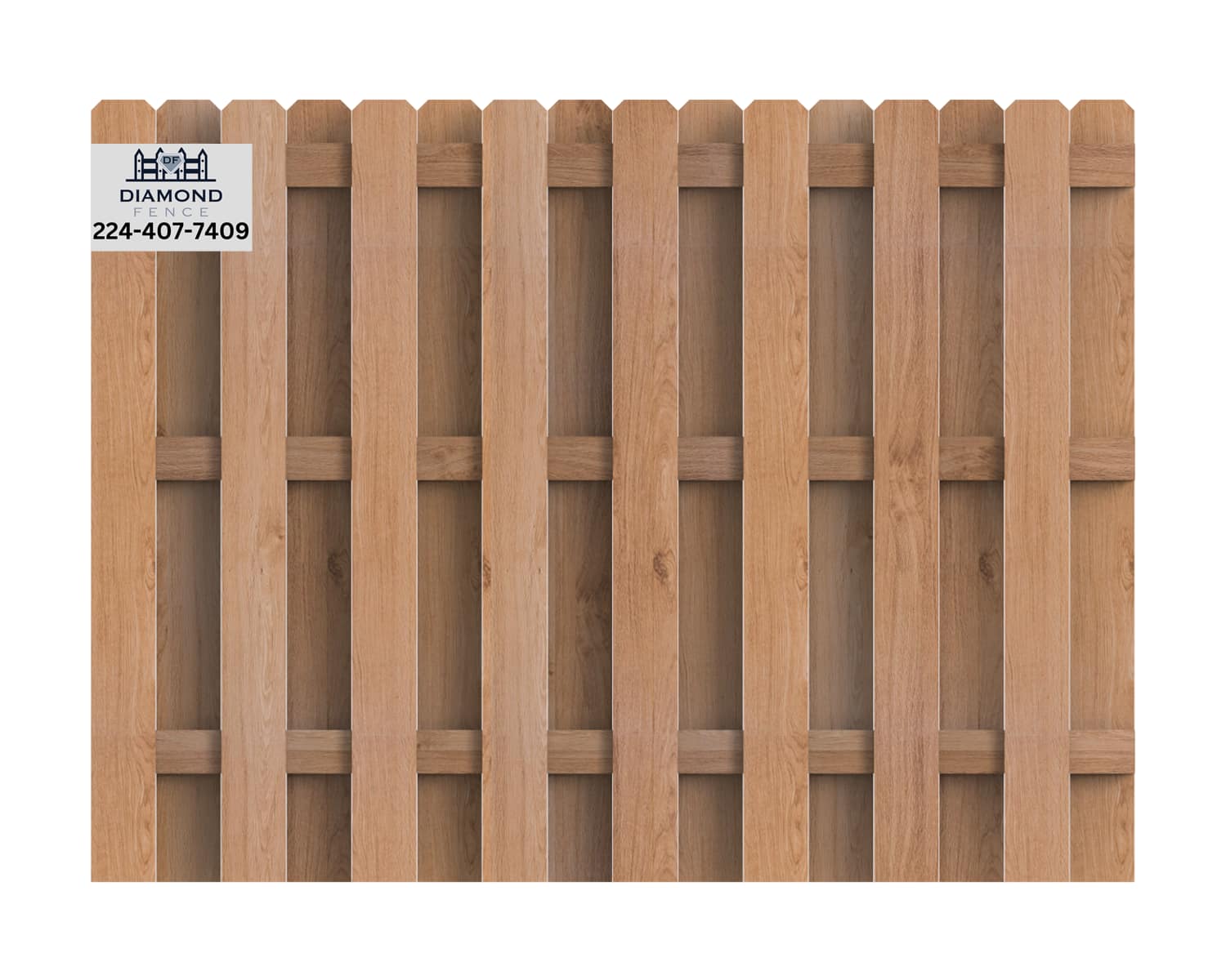 Solid board wood fence topped with decorative diamond lattice panel — combines full privacy below with ornamental openness above; branded with Diamond Fence contact info