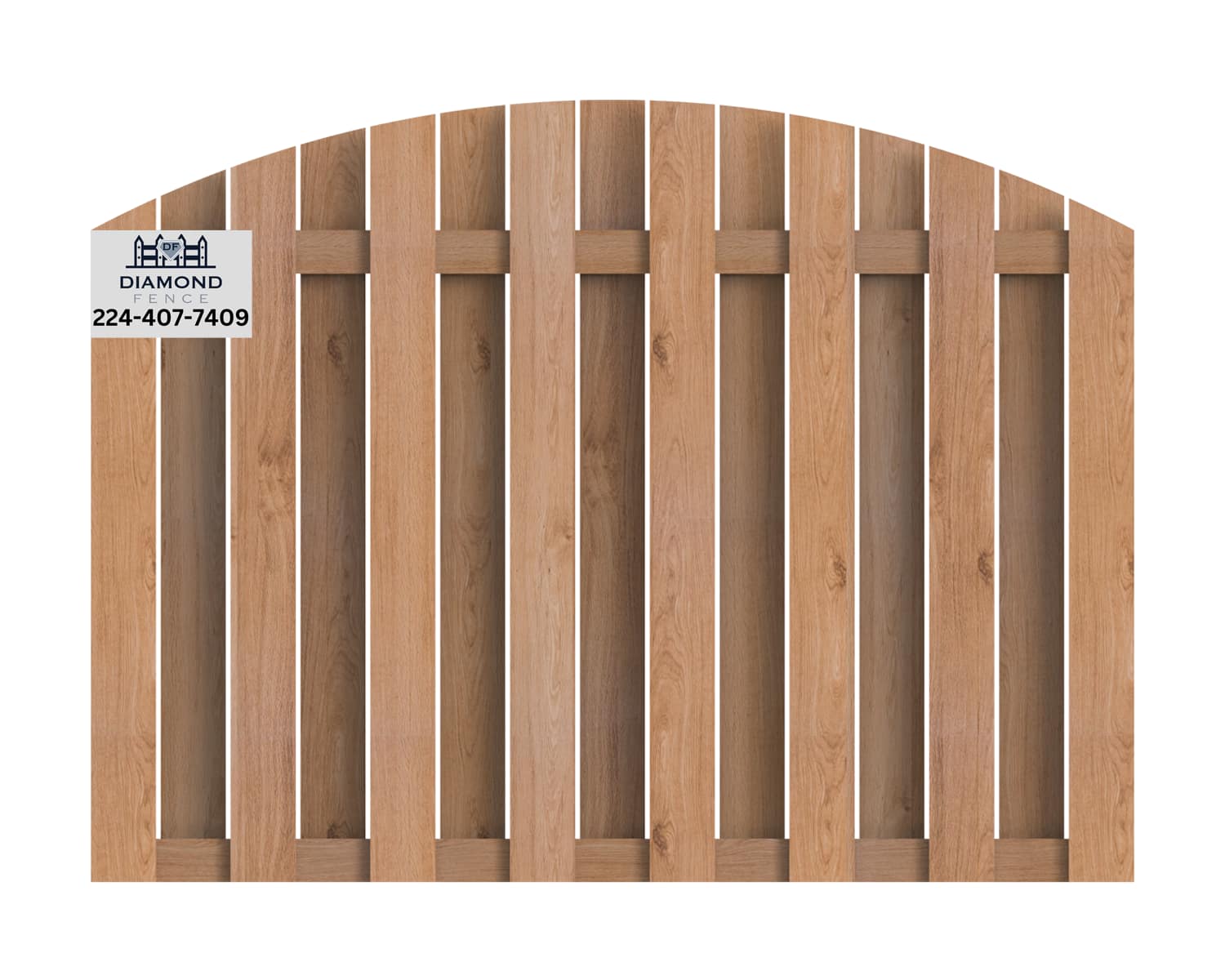 Elegant arched-top shadowbox wood fence with alternating pickets and dual horizontal rails — offers privacy, airflow, and classic curb appeal; includes Diamond Fence logo and phone (224-407-7409)