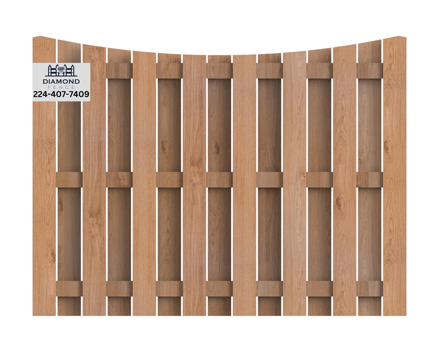 Shadowbox wood fence with arched top profile and alternating pickets — blends traditional charm with modern functionality; features Diamond Fence branding and local number