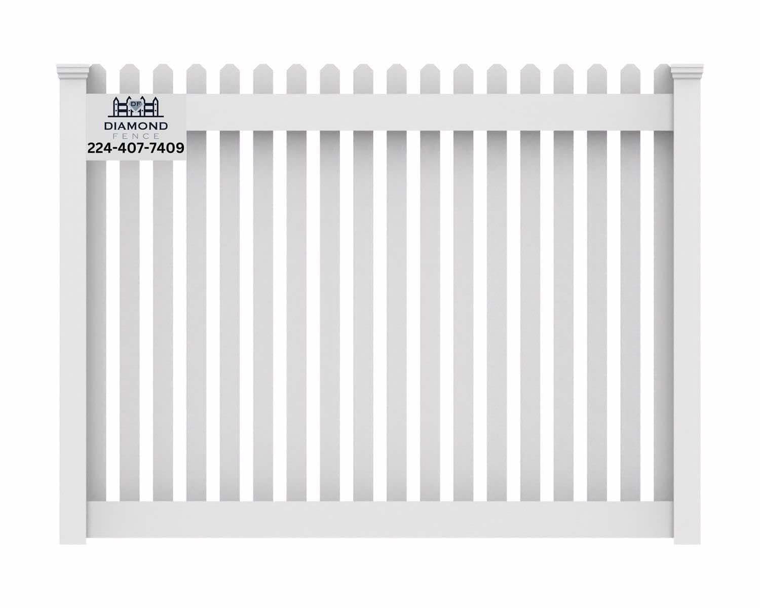 Timeless white vinyl picket fence with evenly spaced vertical slats and decorative top caps — perfect for residential front yards, gardens, or pet containment; branded with Diamond Fence contact info