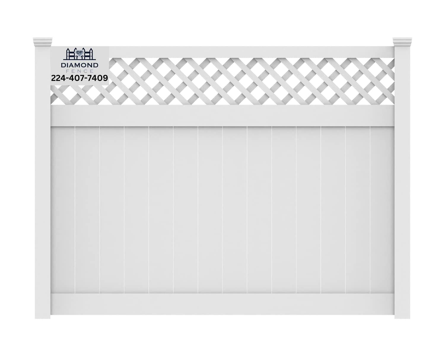 Elegant white vinyl privacy fence featuring solid lower panels and diamond lattice top section — combines full seclusion with decorative flair; includes Diamond Fence logo and phone (224-407-7409)