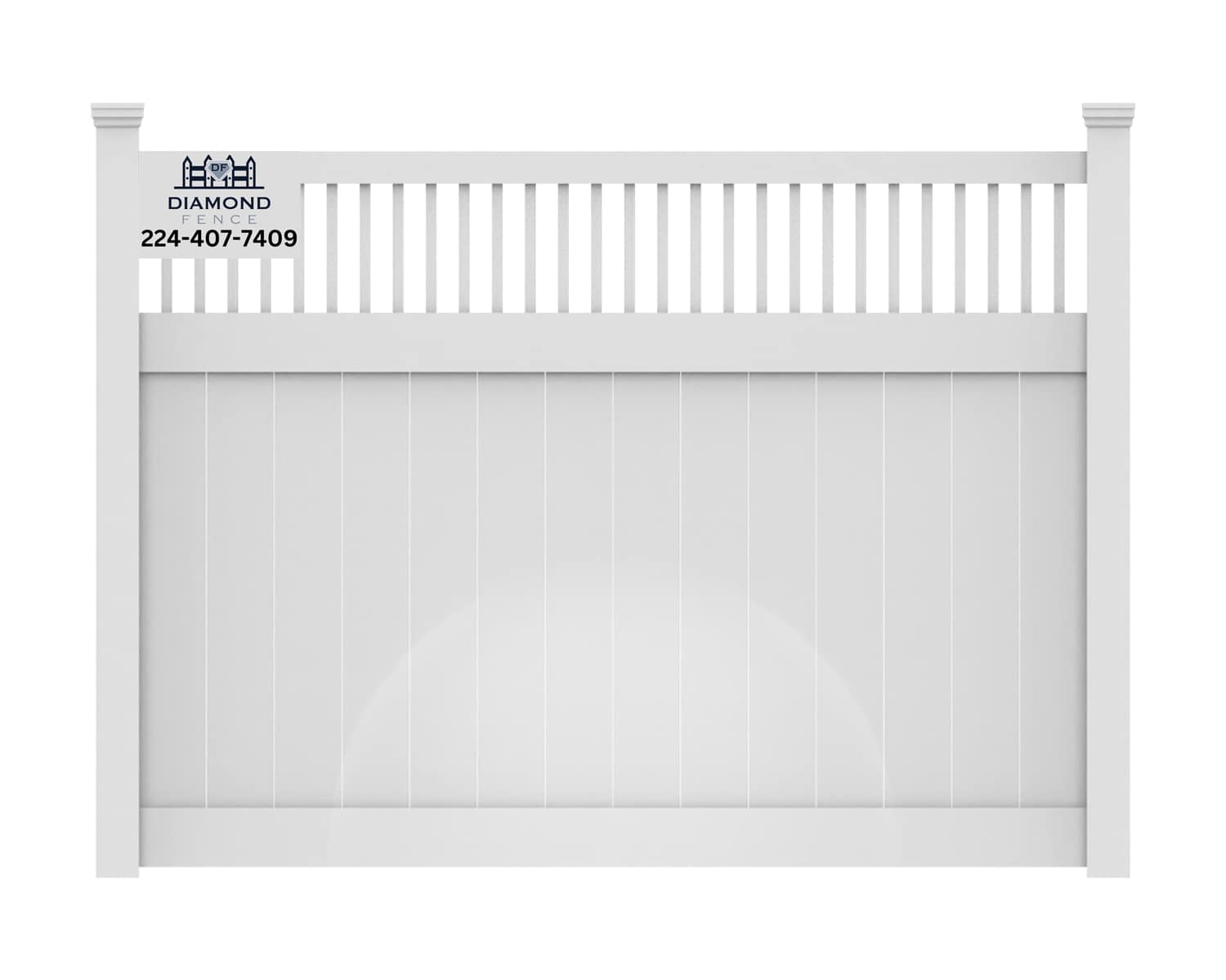 Modern white vinyl privacy fence with clean vertical picket design on upper third — adds architectural interest while maintaining full privacy below; branded with Diamond Fence contact info