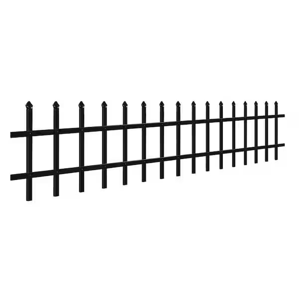 Isolated product shot of black aluminum picket fence panel with evenly spaced vertical bars and pointed tops
